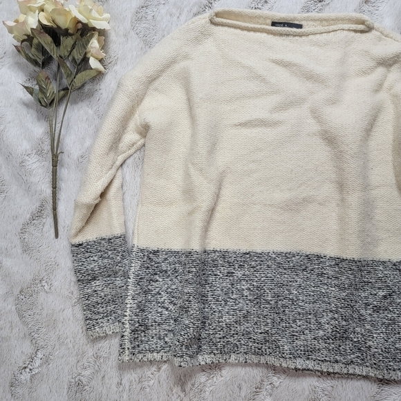 Vince Cream Gray Wool Blend Colorblock Dropped Shoulder Wide Neck Sweater XS - Picture 3 of 10